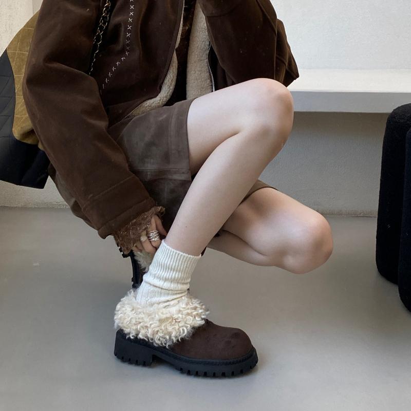 2026 New Spring Autumn Women Fur Lining Mary Jane Shoes Concise Short Plush Shoes Eelgant Dress Thick Heel Leather Pumps Shoes