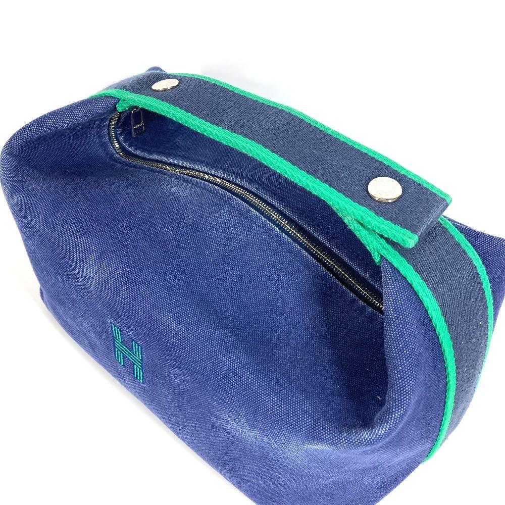HERMES Bridea Black GM pouch vanity bag H logo Hand Bag cotton blue/Green