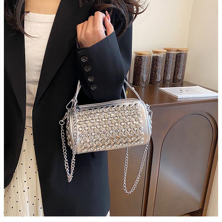 IELGY Cylindrical Female Bag with Diamond Crossbody Chain Pillow Bag