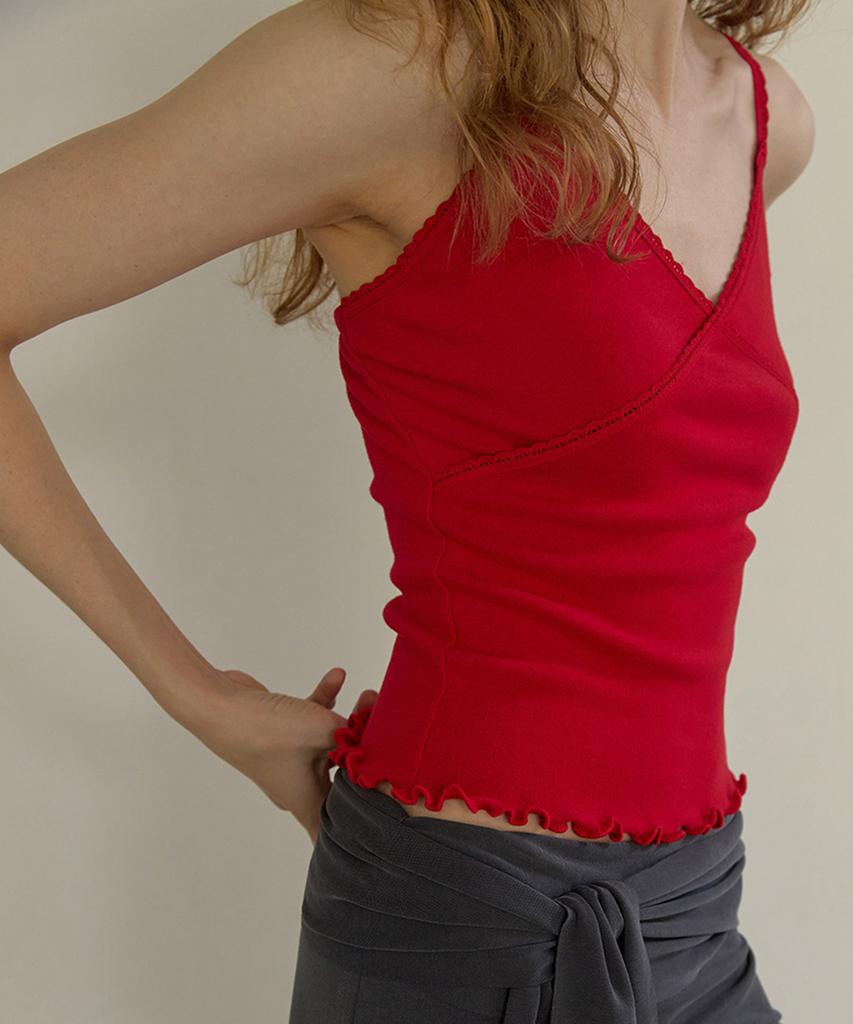LONQUE Lace Trim Sleeveless Cami Top (Red)