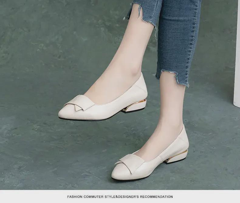 Women's Soft Leather Pointed-Toe Flats with Thick Heel, Versatile for Spring & Autumn
