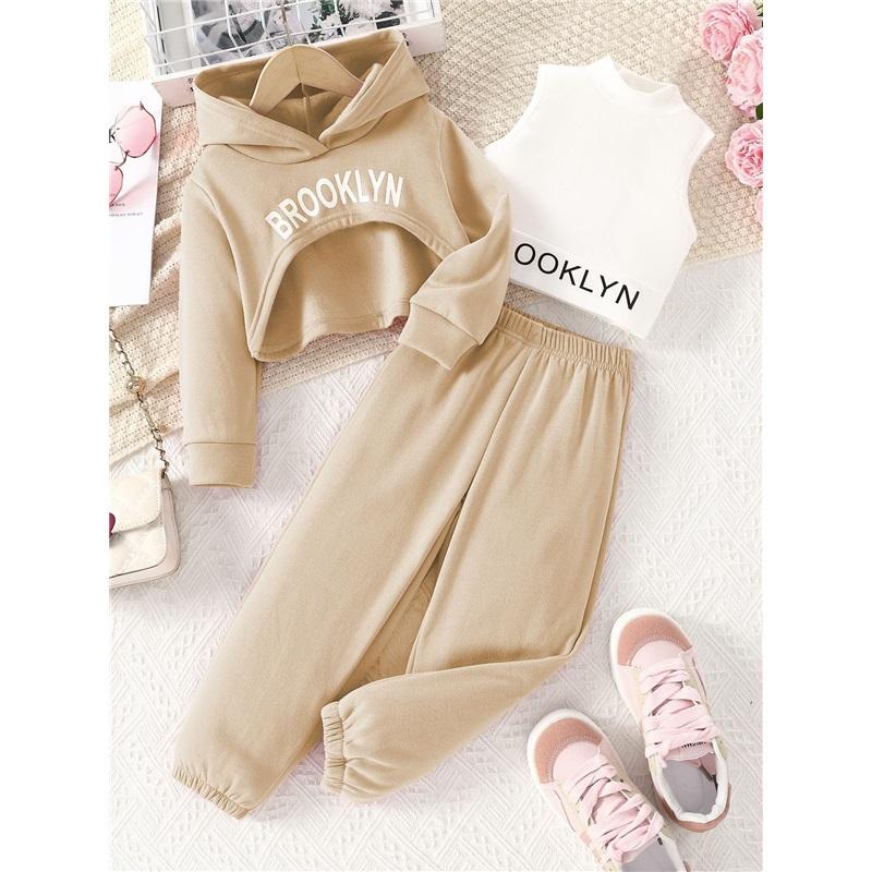 

Girls Fashionable Pink Hooded Pullover Set For Summer Children s Casual Tops And Long Pants Set Of Three Pieces 3-4Y