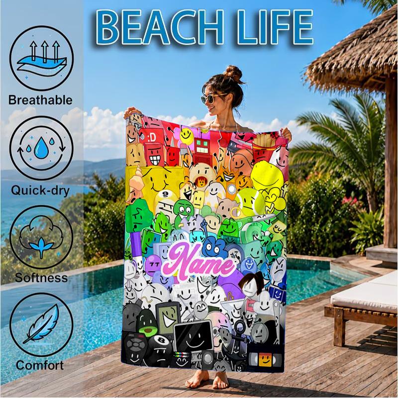 Custom Name Cartoon Dream Island Beach Towel Microfiber Beach Towel, Lightweight and Quick-Dry, for Summer Travel, Swimming Pool Gift