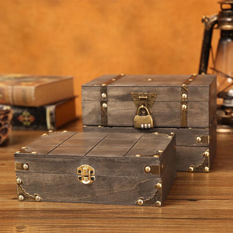 Gray Wooden Vintage Storage Box With Lock For Jewelry Organizer Decoration Home