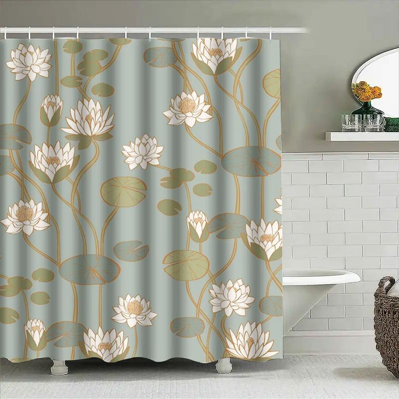 Delicate Floral Print Shower Curtain Elegant Green Gold Water Lily Design For Bathroom Decor Waterproof Fabric With Hook Rings S