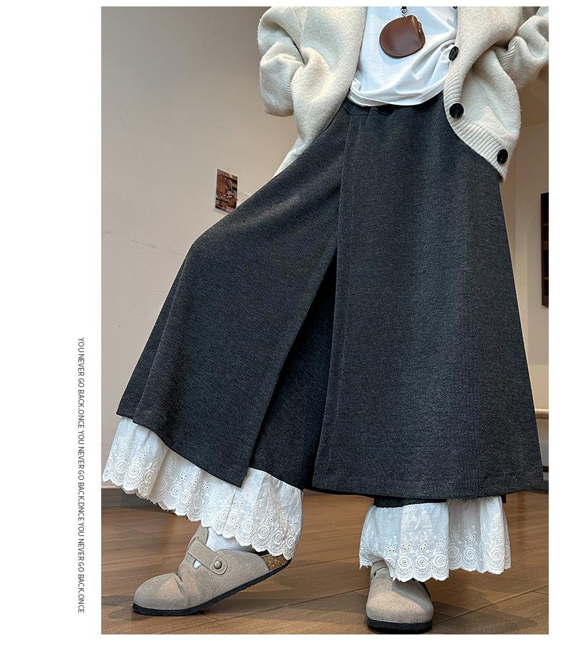 Women's Patchwork Lace Trim High-Waisted Wide-Leg Pants: Versatile, Slimming, Plus Velvet for Autumn/Winter 2025.