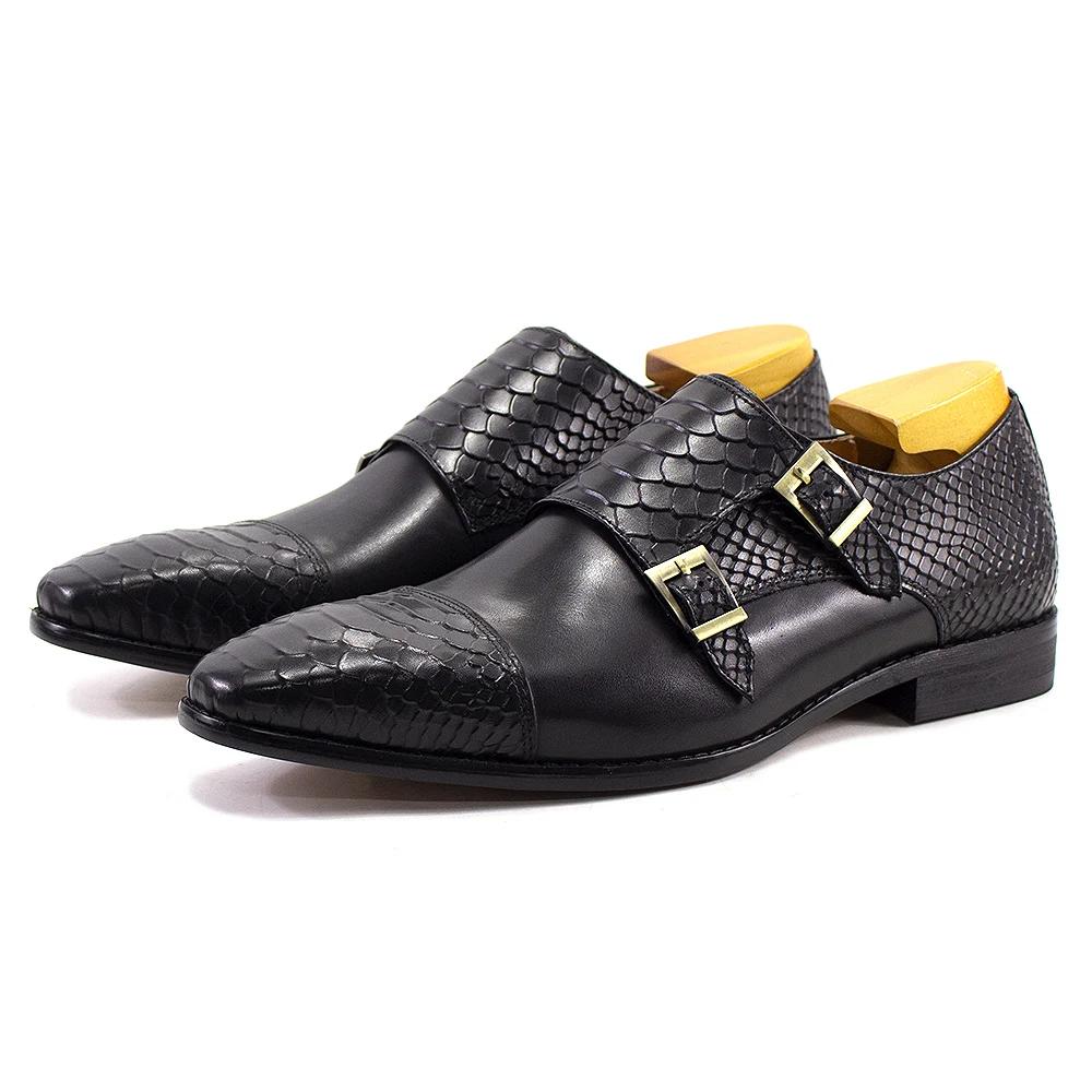 Fashion Luxury Double Buckle Monk Strap Men's Dress Shoes Genuine Leather Classic Crocodile Pattern Formal Business Office Footwear