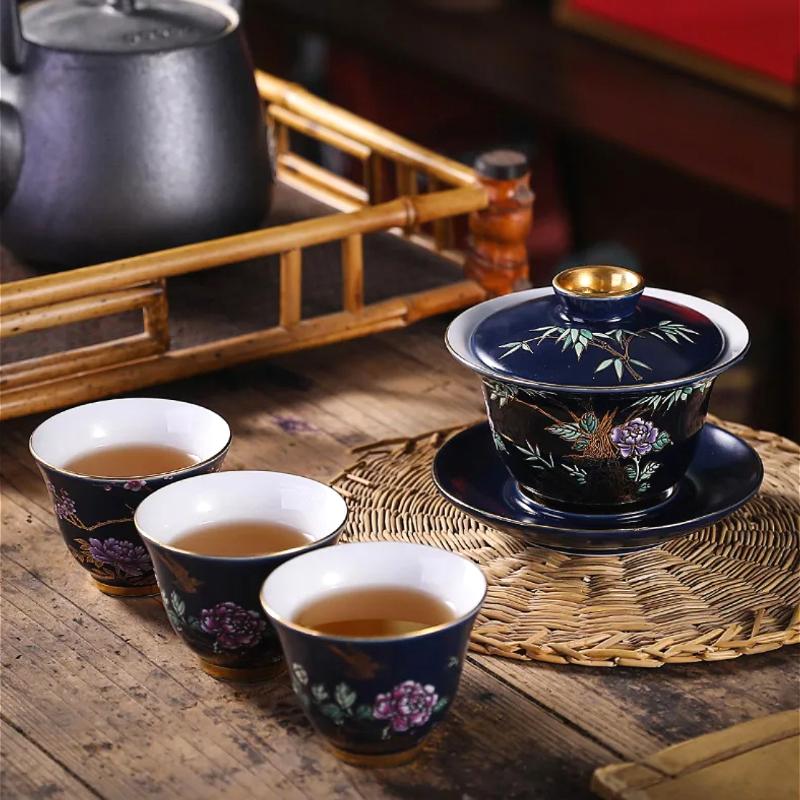 Ceramic Tea Cup with Gold Outline Chinese Kung Fu Master Cup Creative Gift Box Set of 6 Unique  Stylish Tea Drinking Accessories