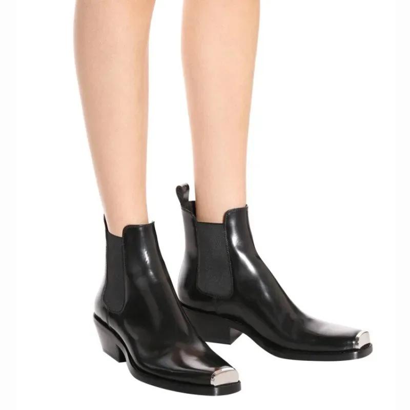 Fashion Autumn Winter Mixed Color 4.5cm Low Heel Metal Head Cowhide Short Boots Men's and Women's Universal Genuine Leather Ankle Boots