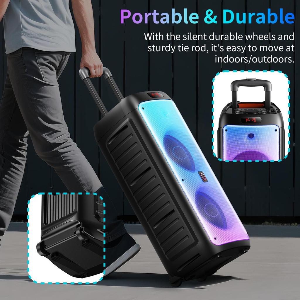 T38 Large Bluetooth Speaker, Wireless Speaker with Wheels and Push Rod, Karaoke Machine with Two Microphones With Tws