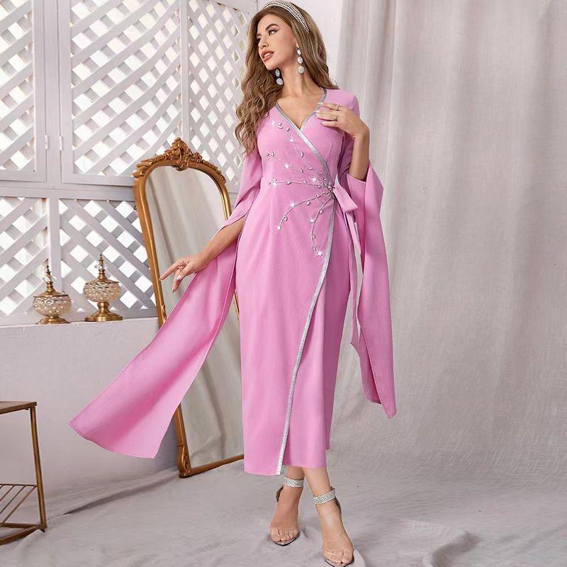 Stylish Ethnic V-neck Hand Sewing Drill Wrap Dress Fashionable Diamond Wrap Dress