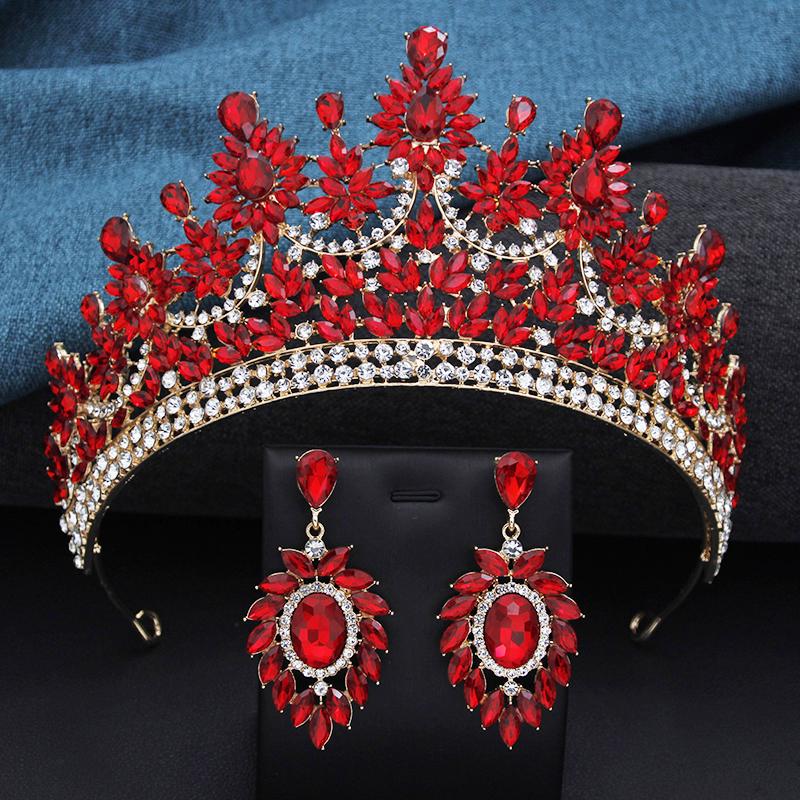 Baroque Rhinestone Bridal Large Crystal Crown and Earrings Set Wedding Headdress Party Accessories Pageant Queen Tiara Jewelry