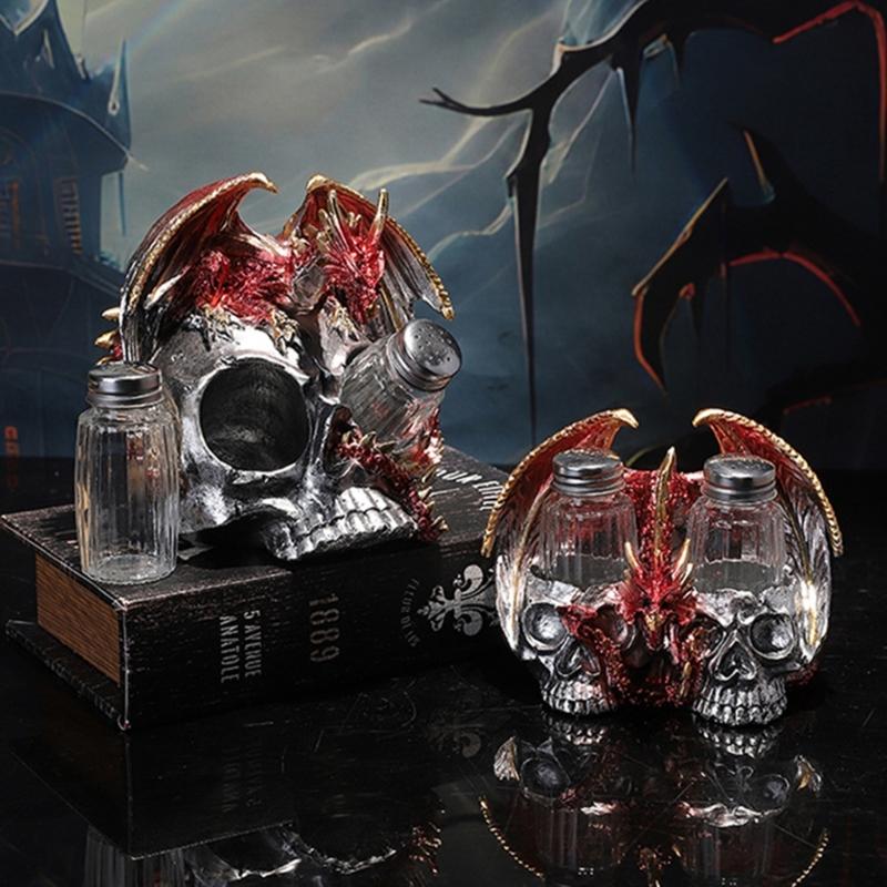 Decorative Skull Seasoning Box Rack Unique Beverage Stand Kitchen Accessory Seasoning Box Holder Resin Texture for Home