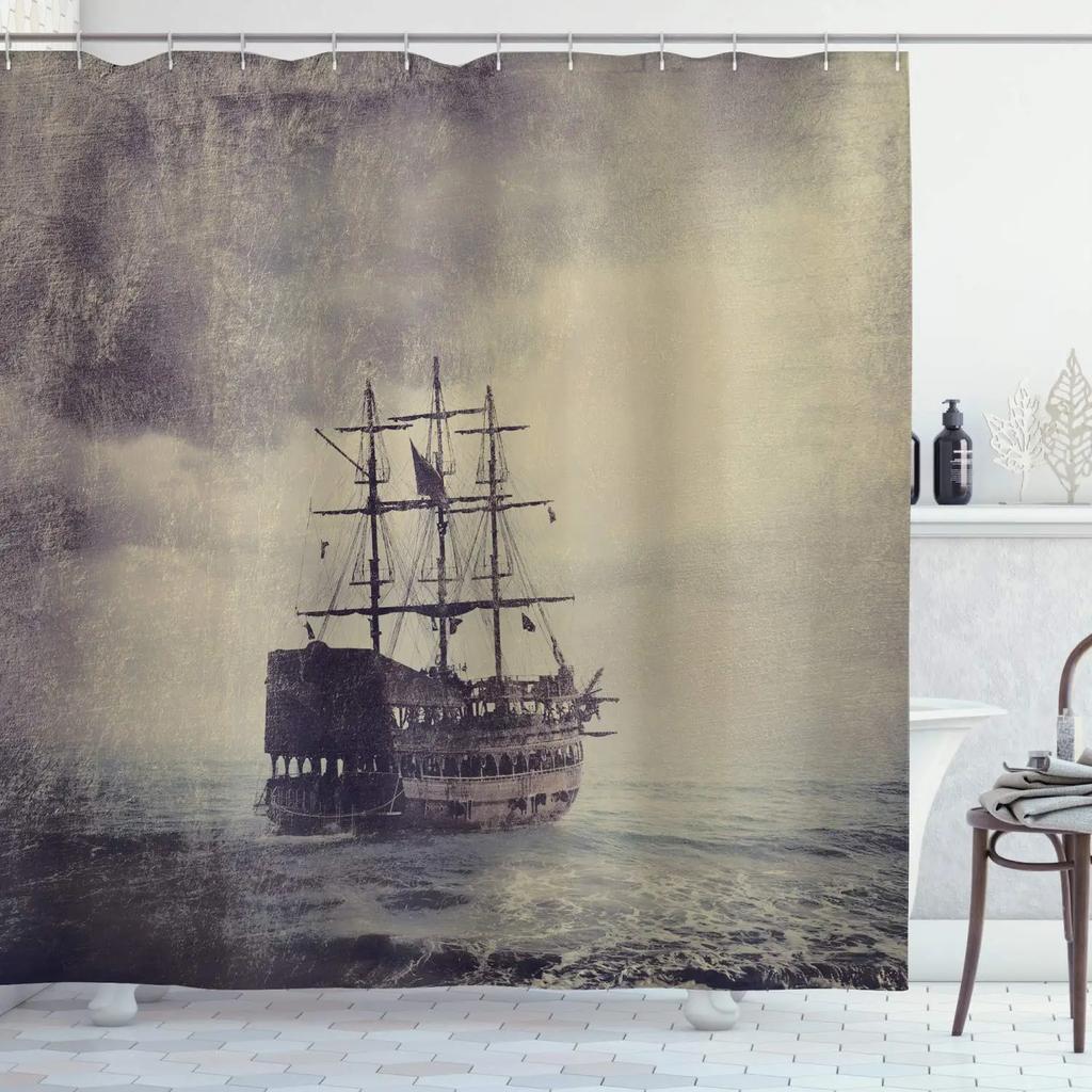 Pirate Ship Shower Curtain for Nautical Bathroom Fantasy Ocean Vintage Pirate Ship Bath Curtains Polyester Decor with 12 Hooks