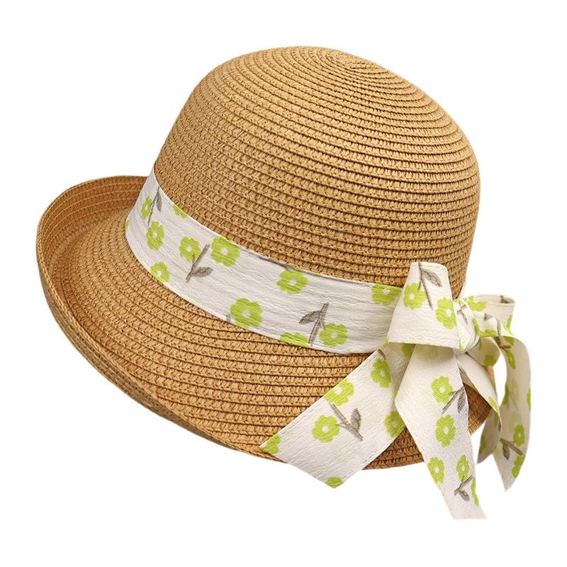 French Straw Hat Female Summer Sweet Cute Girl Floral Lace Strap Curled Sun Hat Seaside Beach Photo