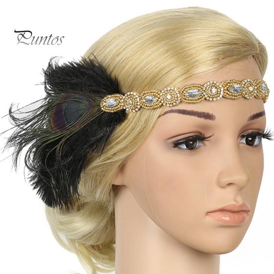 Flapper Feather Headband Black Rhinestone Hair Band 1920s Vintage Gatsby Secure Party Headpiece Women Prom