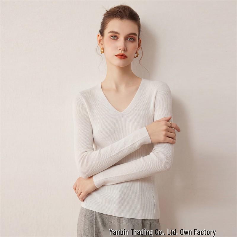 Women's Cross V-Neck Striped Wool Knit Pullover, Slim-Fit Base Layer for Autumn/Winter