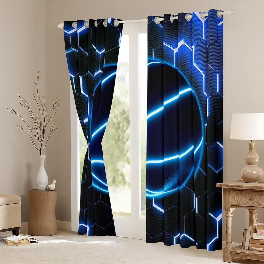 Honeycomb Hexagonal Fluorescent Print Curtains Football Baseball Basketball Curtains for Sports Boys Bedroom Blinds Window 2PCS