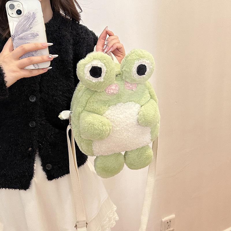 Women Cute plush frog backpack 2024 girl funny cartoon school bag small shoulder bag
