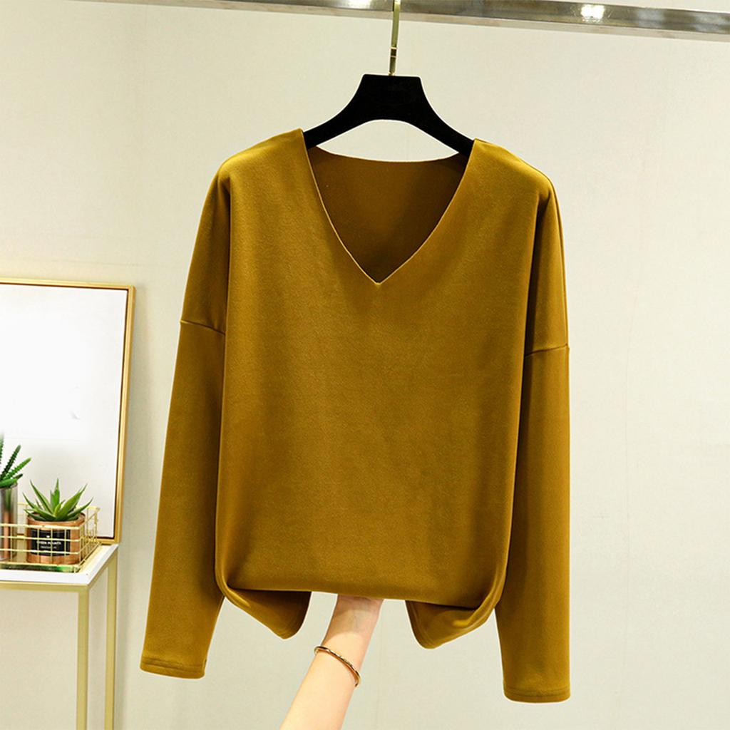 Ladies' Loose Comfortable Casual Fashionable And Large Size Warm Underwear With Seamless  V-Neck And Thick Velvet Long Sleeves Top