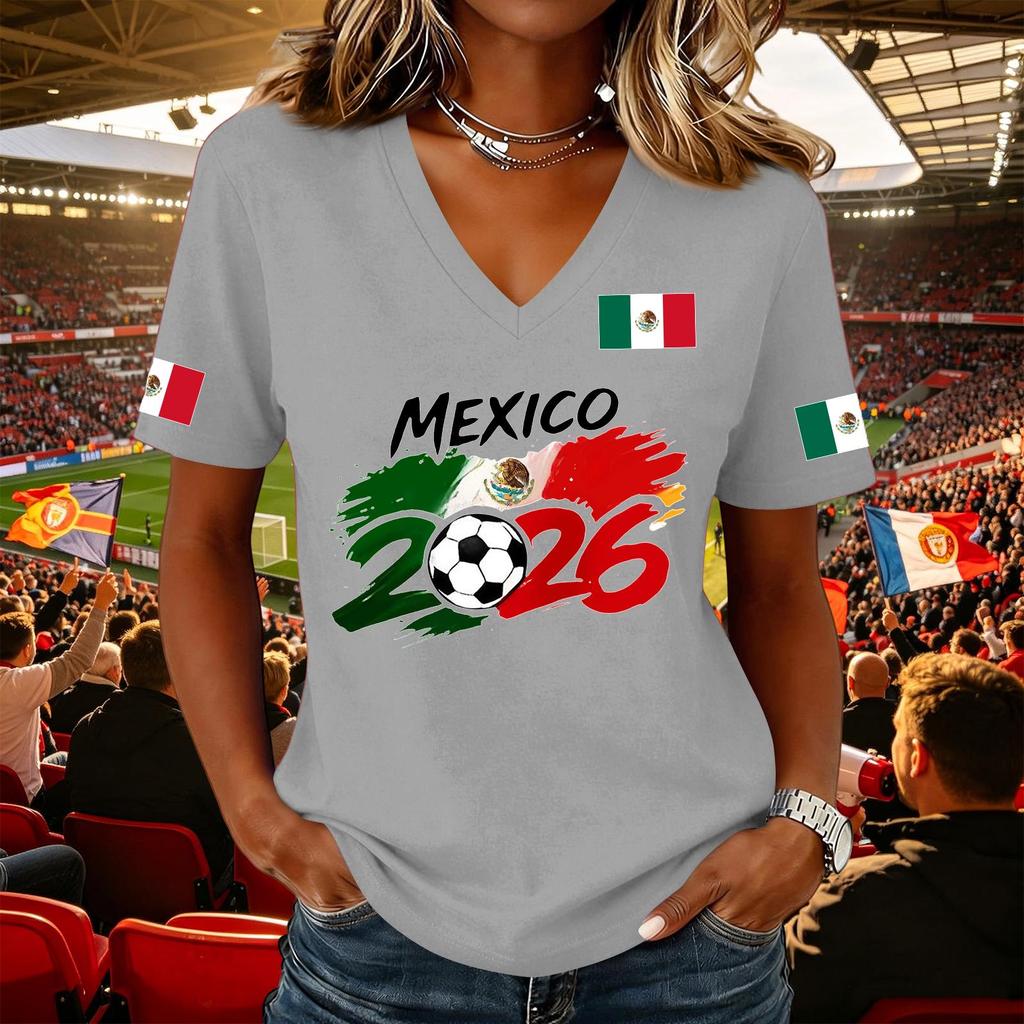 Women's Casual Short Sleeve V Neck Pullover Top Soccer Graphic Print National Flag Support Shirt for Outdoor Activities and Sports