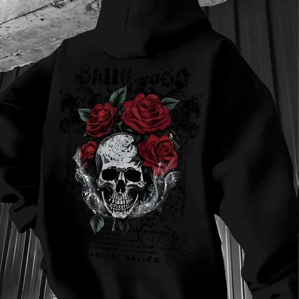 Grim‑rose Men Hoodie Fashion Rear Retro Gothic Skull Floral‑themed Motif Print Pullover For Soft Relaxed Casual Street Wear