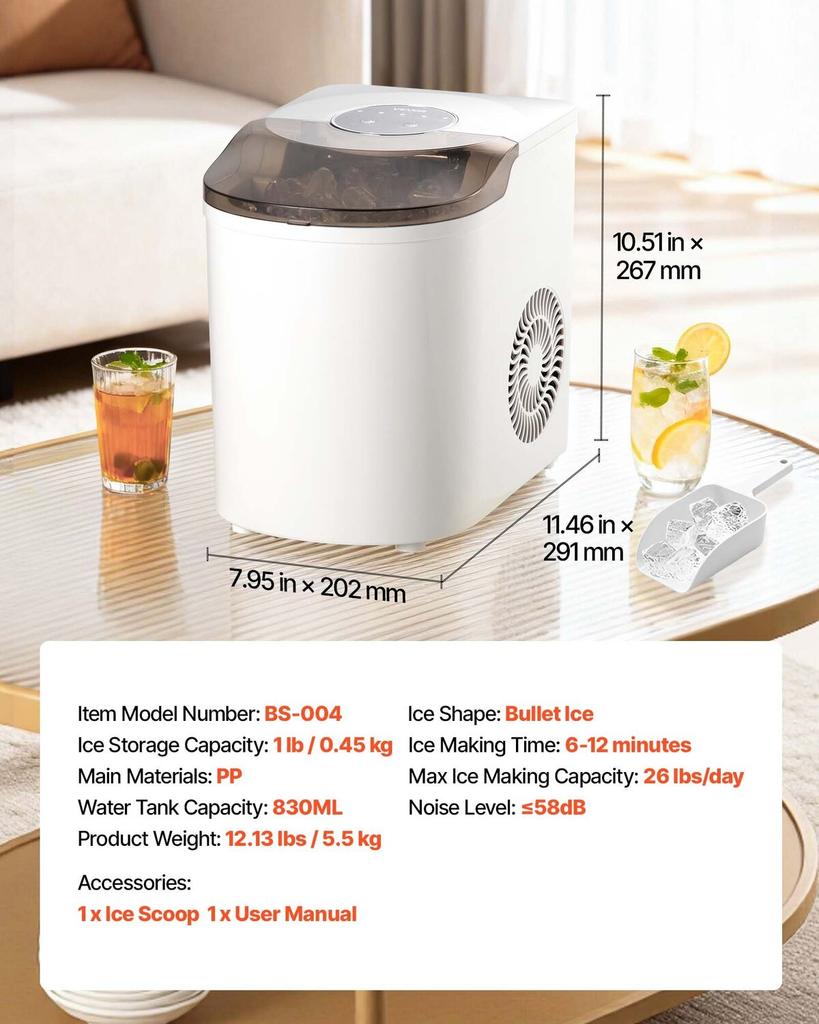 Countertop Ice Maker, 7 Cubes Ready In 6 Mins, 11.8 Kg Per Day, Self-Cleaning Portable Machine with Ice Scoop, Ice-Making Machine with 2 Sizes Bullet