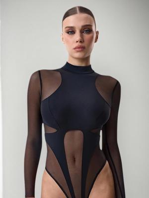 Body Elegante de Malha Patchwork: Estilo Sexy Europeu e Americano, Vazado Emagrecedor Manga Longa