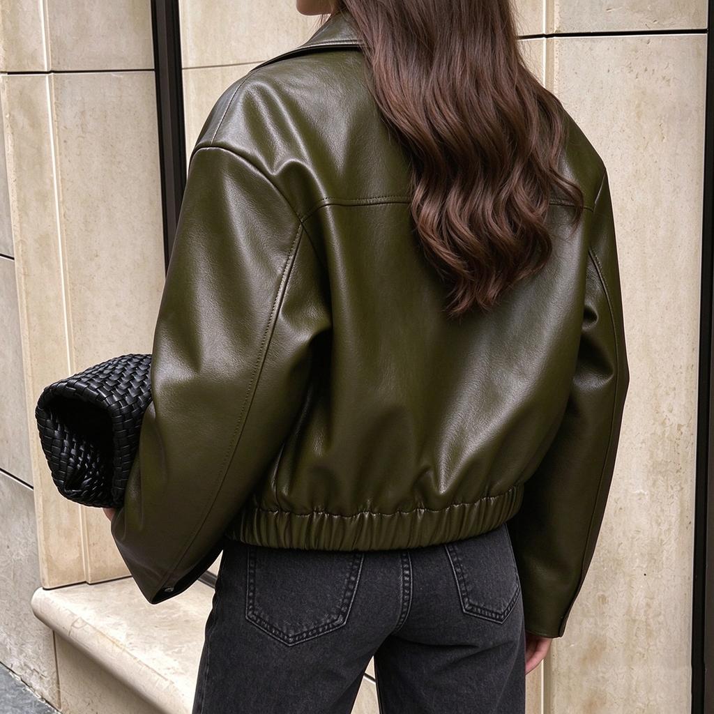 Women's Lapel Zip-Up Motorcycle Jacket, Loose Fit Leather Outerwear for Casual Wear