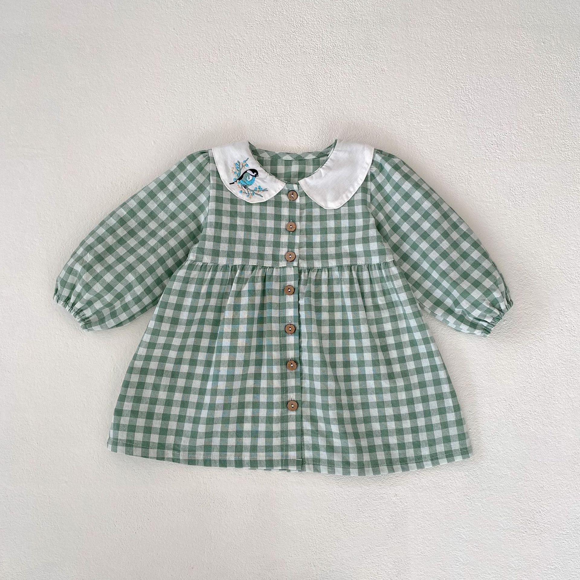 

Платье в клетку для девочек-младенцев, осень 2025 г., с вышивкой «сорока» и воротником «кукла». 90 cm зеленый плед