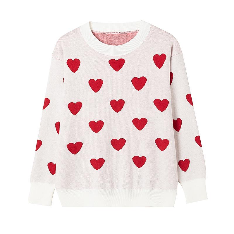 Women's Heart Shape Jacquard Knit Sweater - European & Korean Style, Loose Fit for Autumn/Winter