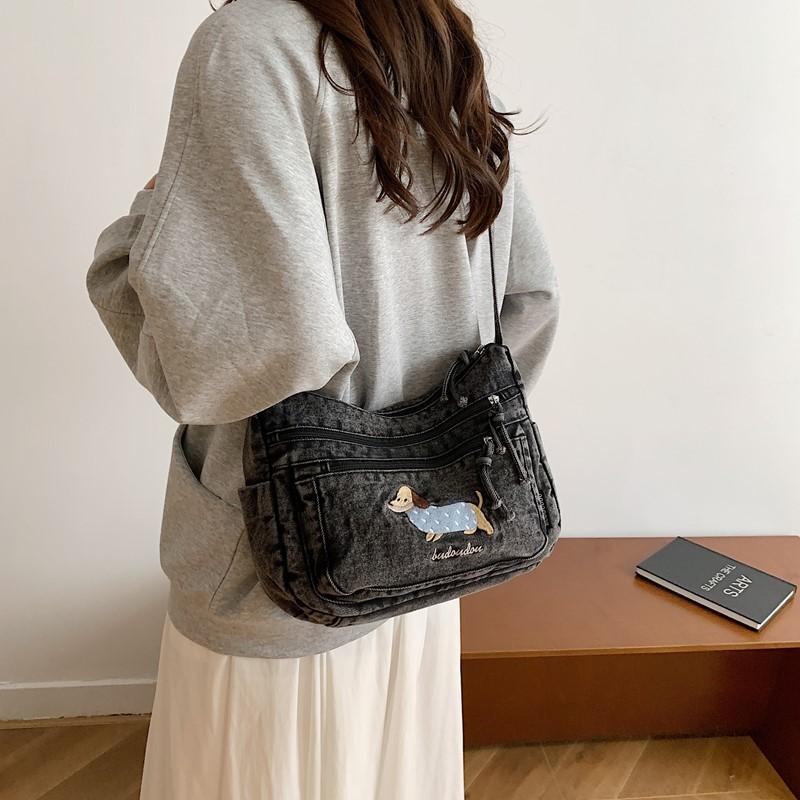 Denim Vintage Shoulder Bag Women Embroidered Cat Crossbody Bag