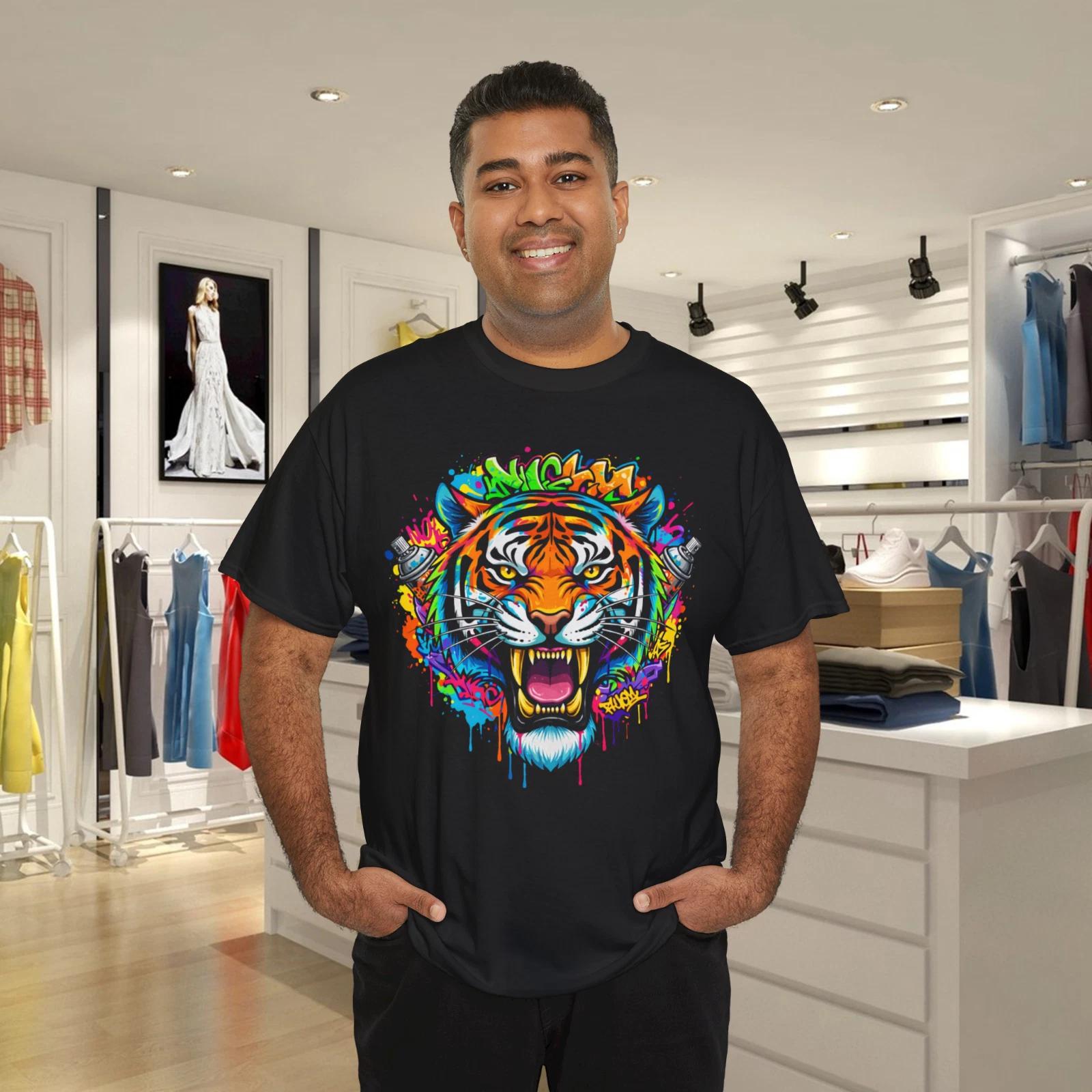 Colorful Graffiti Tiger Face  Shirt Urban Street Art Graphic T- Shirt L