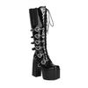 New Punk Goth Women Motorcycle Boots High Heeled Knee High Platform Shoes Heart Buckle Lace Up Luxury Trendy Winter Street Boots
