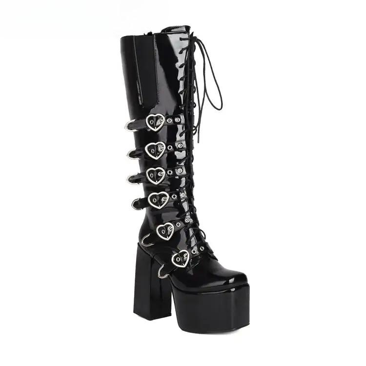 New Punk Goth Women Motorcycle Boots High Heeled Knee High Platform Shoes Heart Buckle Lace Up Luxury Trendy Winter Street Boots
