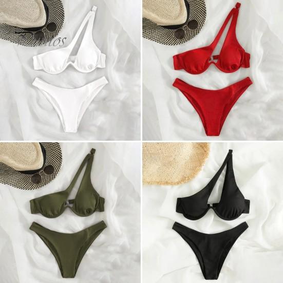 2Pcs/Set Women Sexy Bikini Set Solid Color One-shoulder Bra High Waist Briefs Set Quick Drying Swimsuit Beachwear