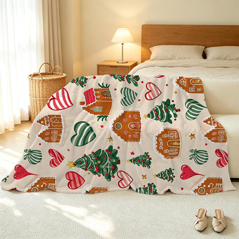 Christmas Flannel Throw Blanket: Soft Anti-Pill Gingerbread House & Tree Design, All-Season Cozy Warm Blanket for Home