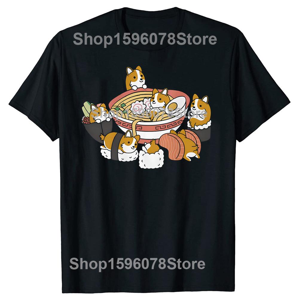 Ramen Sushi Corgi Dog Customized Camisa Top TShirts Tees Coupons Pure Cotton Casual Tshirts Printing Boy