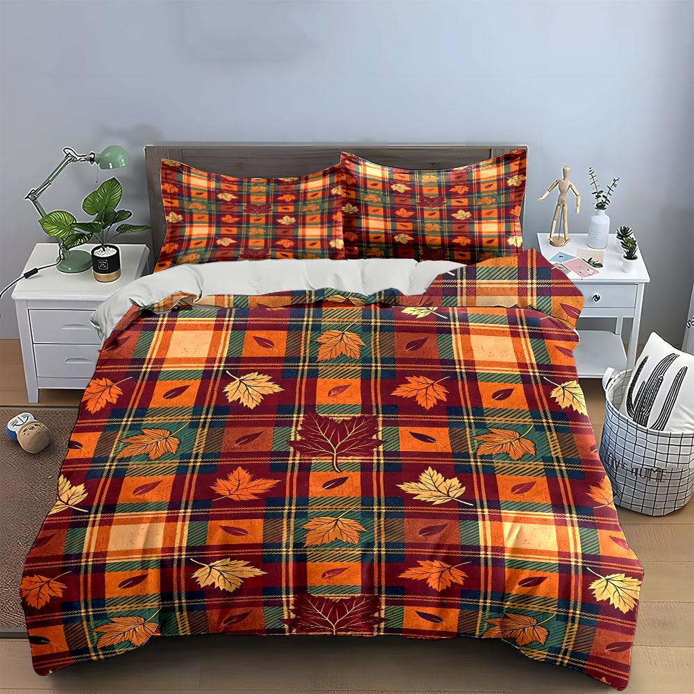 Plaid and Autumn Leaf Bedding Bedding Duvet Cover Set Duvet Cover Pillowcases (1 * Duvet Cover 2 * Pillowcases, Without Duvet Insert)