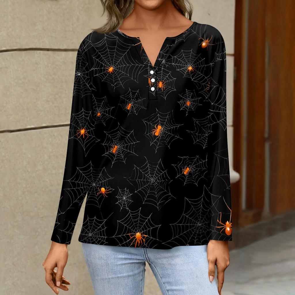 Women's T Shirt Tee HAlloween Print Button Long Sleeve Daily Weekend Fashion Basic V- Neck Regular Top