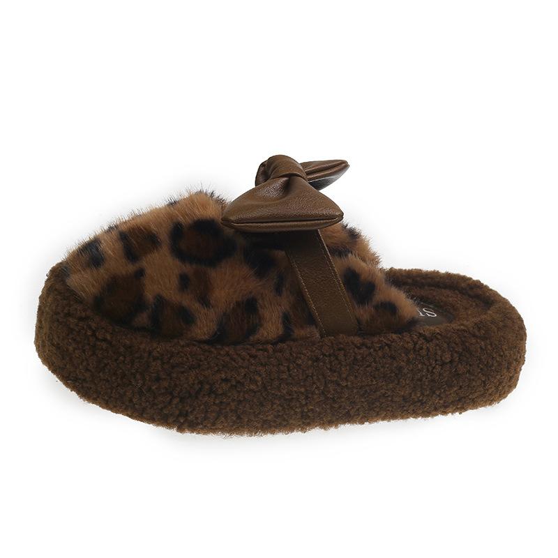 Bow Leopard Print Fluffy Shoes for Women's Outer Wear 2025 Autumn and Winter Sweet and Warm One-pedal Cotton Drag Velvet Bean Shoes