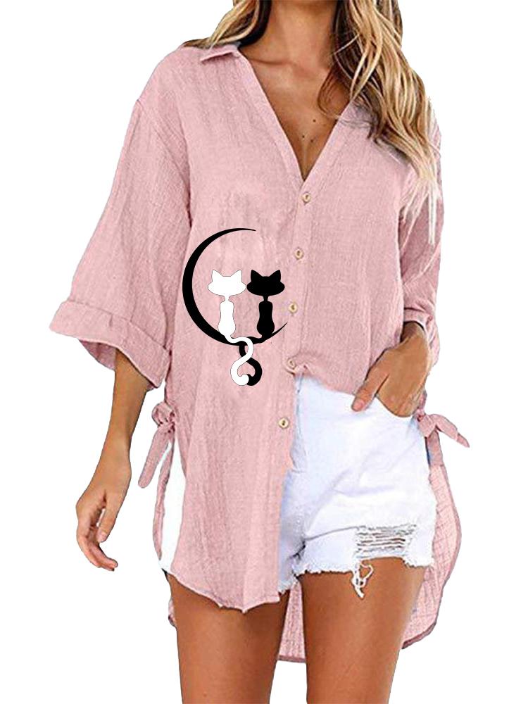 Women Fashion Half Sleeve Blouse Casual Cat Print Top Ladies V-neck Loose Long T-shirt