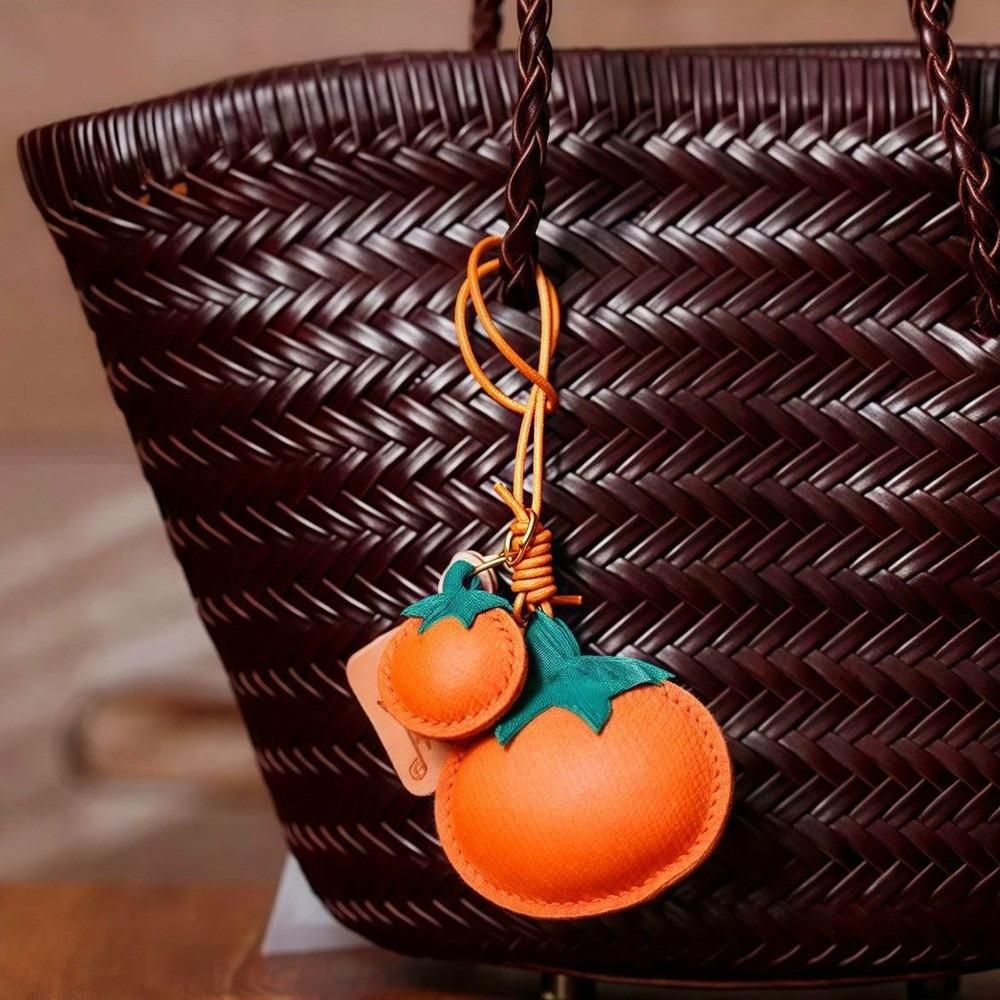 Funny Design Persimmon Keychain Cute Creative Key Ring Handmade Leather Bag Pendant Decorations