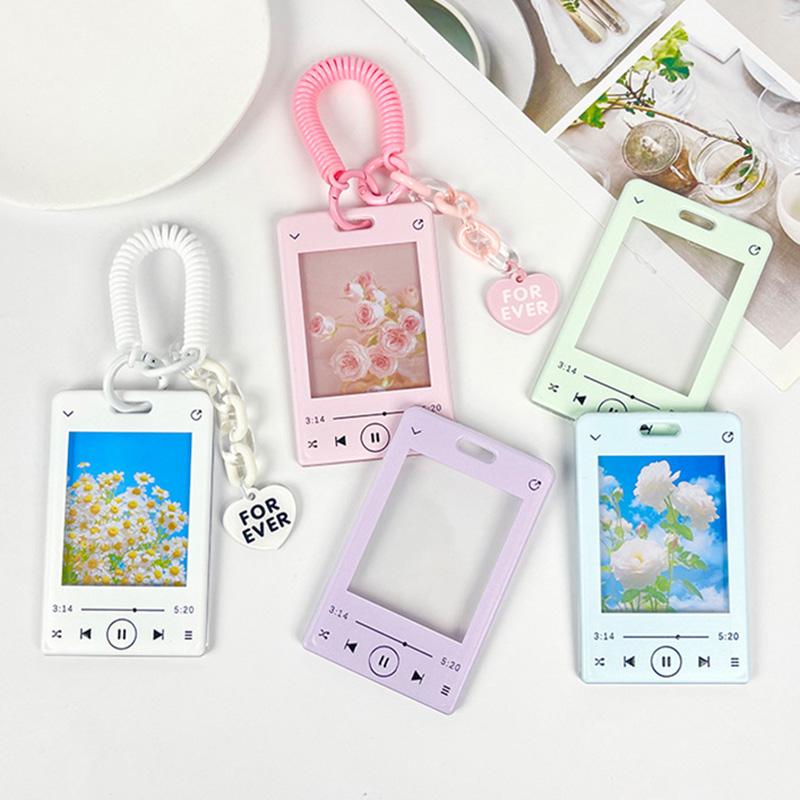 Music Player ID Card Holder with Spring Rope Heart Charm for Women Girls Kid Colorful Bus Subway Credit Card Protector Shell