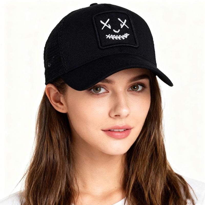 Smiley Face Embroidered Sun Protection Baseball Cap, Outdoor Running Mesh Visor Hat