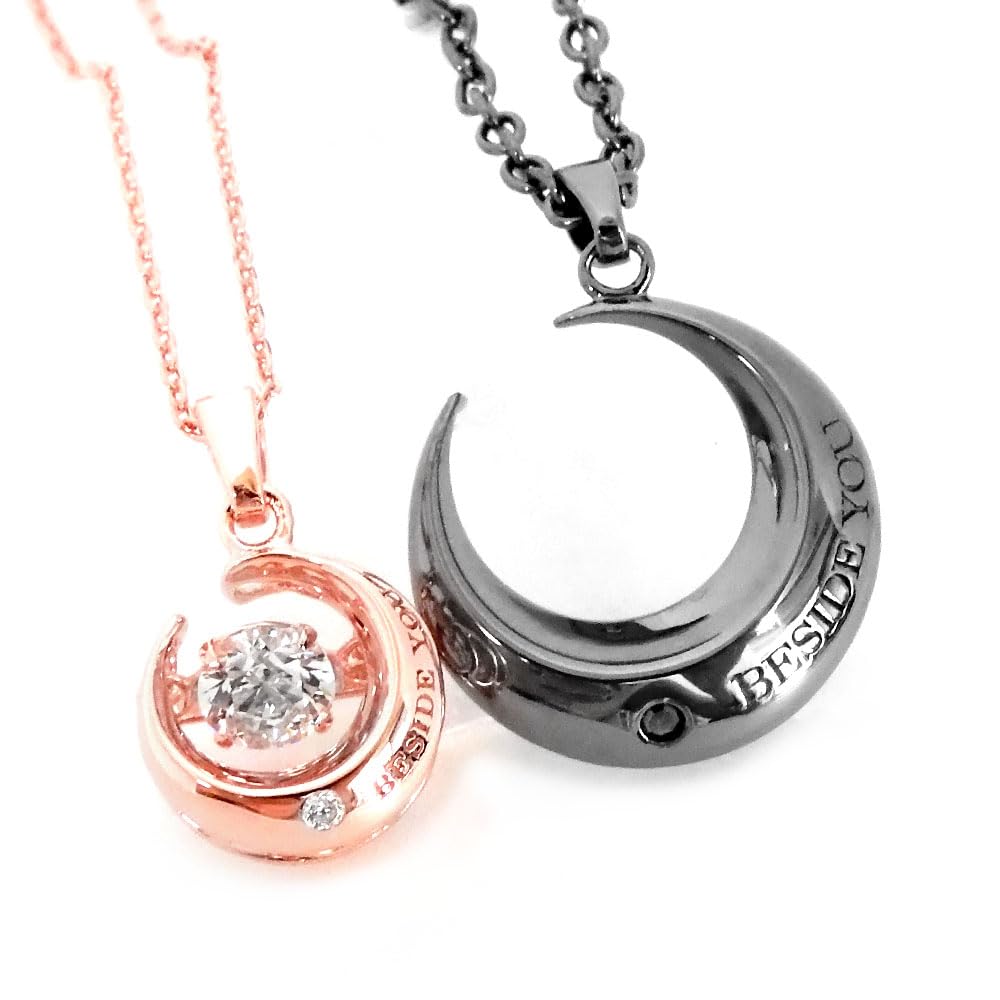 Close to Me Pair Necklace with Teddy Dancing and Moon and Matching Silver Bear, Stone, Diamond, Motif, Men's Women's, Accessories, 925, SN13-193-222