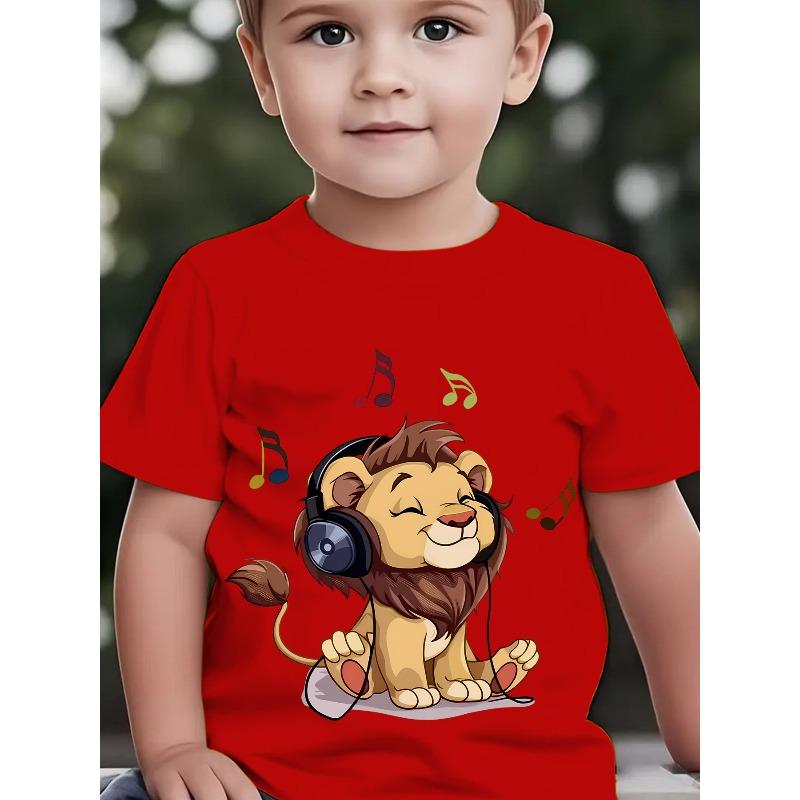 Boys Cute Lion Listening To Music Cartoon Print Crewneck Short Sleeve Tee, Fashion Summer Casual Outdoor Top