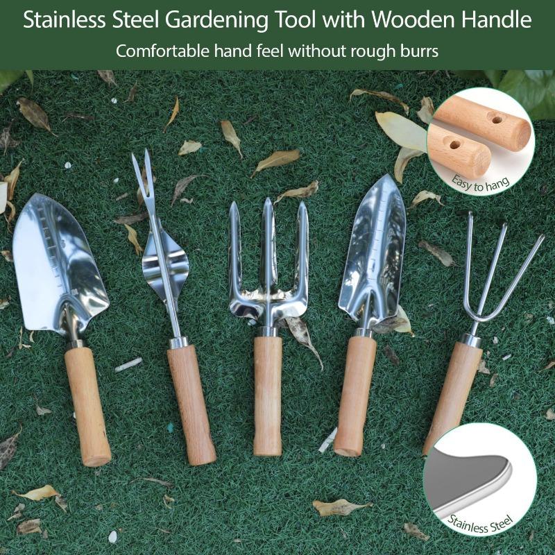 10Pcs Gardening Tool Set Folding Stool Storage Tote Bag Stainless Steel Wooden Handle Planting Weeding Yard Kit