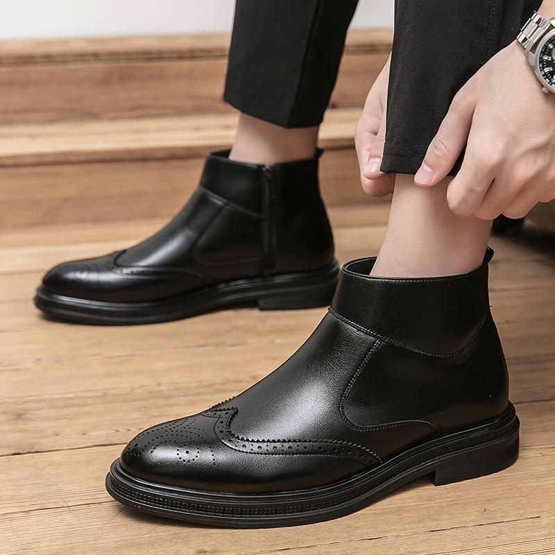 Mode Herrenstiefel PU High Cut Einfarbig Seitlicher Reißverschluss Blockgeschnitzt Klassisch Bequem Business Formelle Schuhe