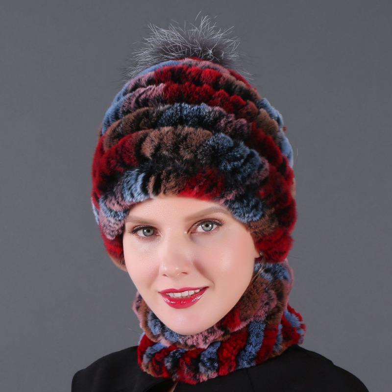 New hat scarf winter thickened thermal hat Rex rabbit fur grass Rex rabbit fur scarf two-piece set